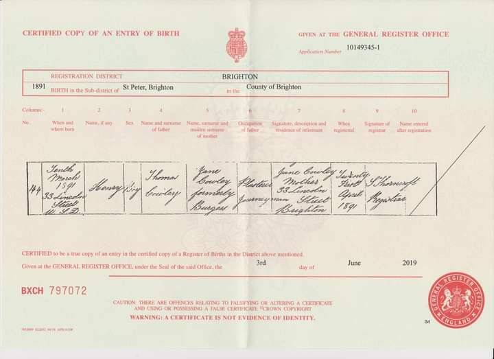 Harry’s birth certificate from 1891 showing him born 10th March at 33 Lincoln Street